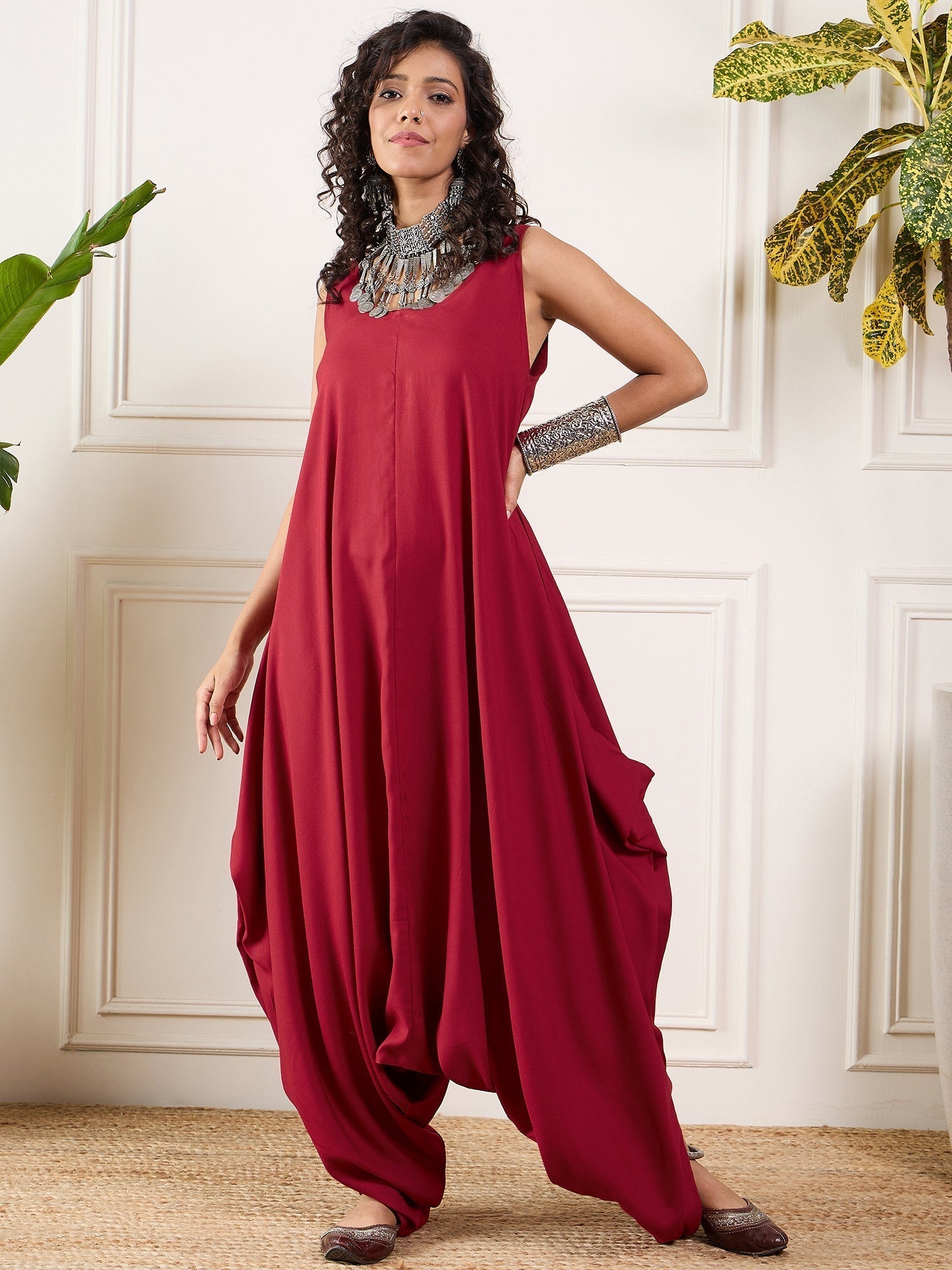 InWeave Maroon Round Sleeveless Jumpsuit 