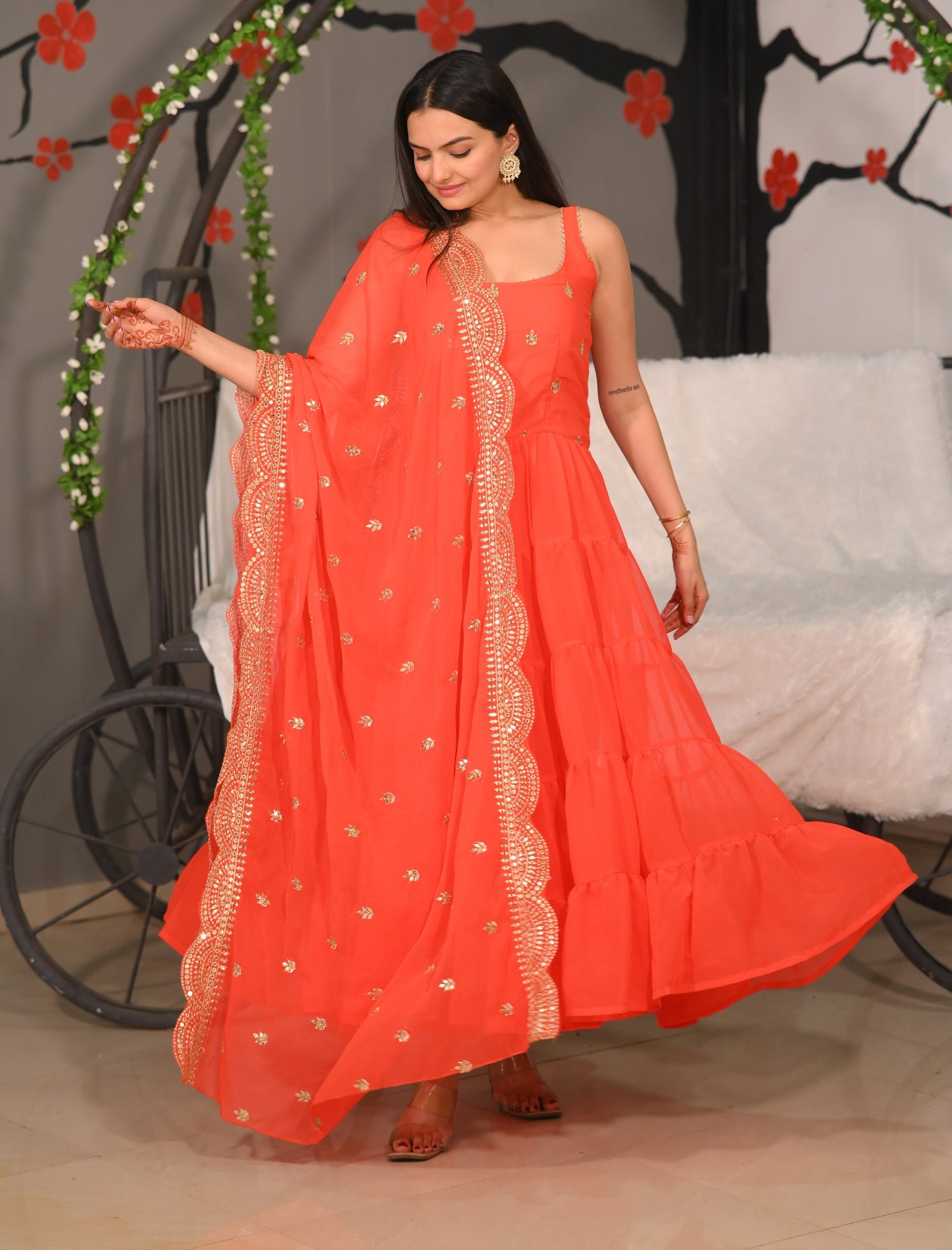 Teeya Creation Orange Color Faux Georgette Silk Heavy Embroidery Work Fully Stitched Gown