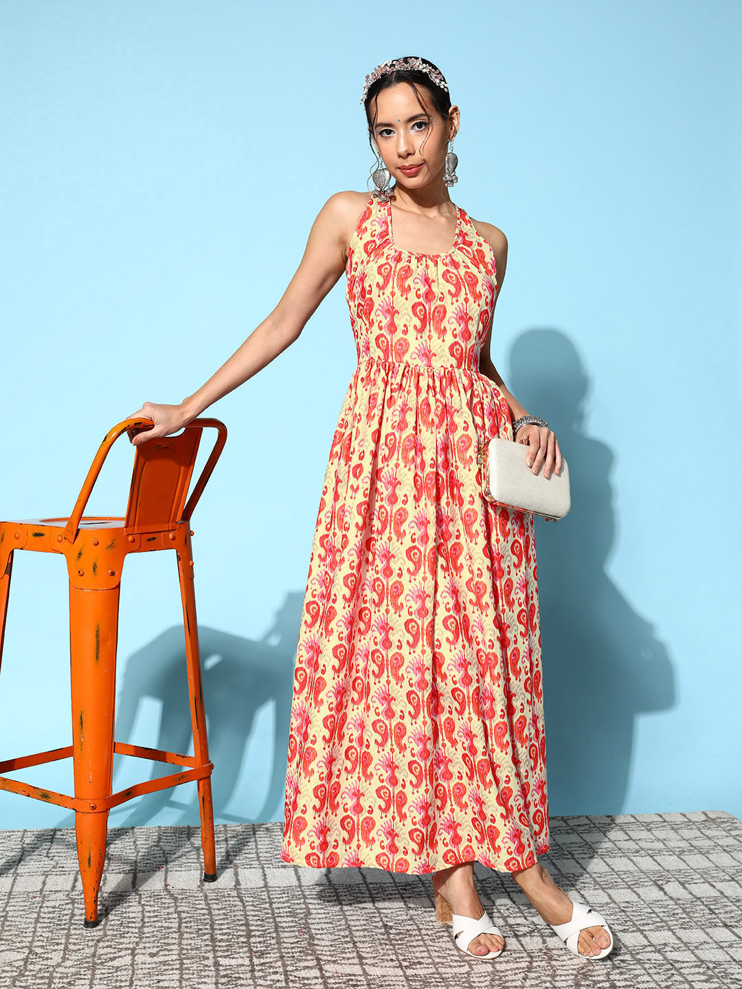 InWeave Women's Orange Paisley Print Raisa Back Detail Dress 