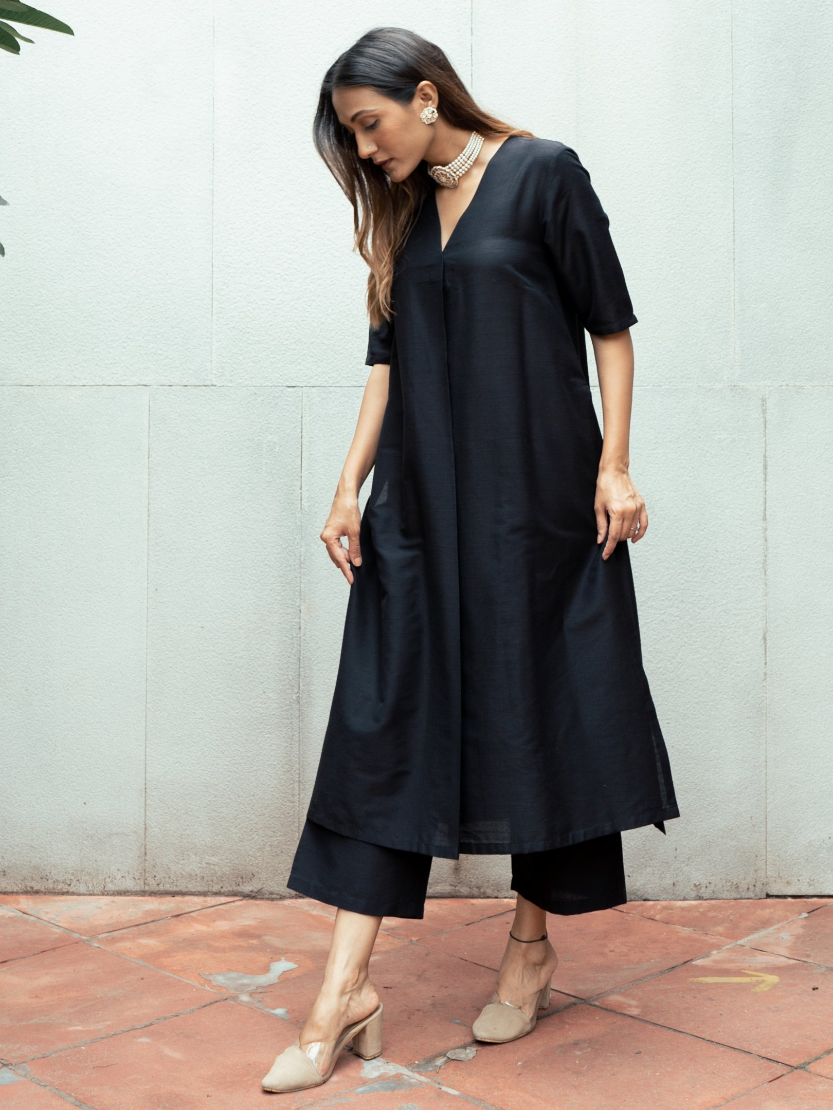 trueBrowns Black Silk Kurta Pant Set 