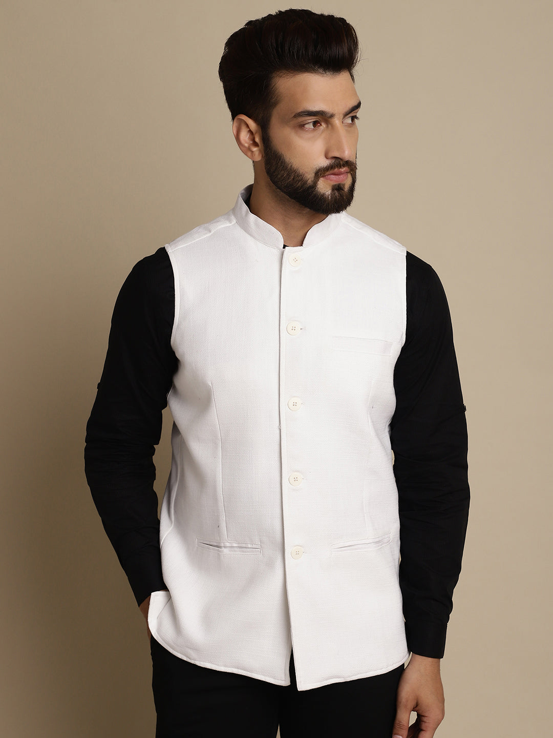 Even Apparels Men's White Mandarin Collar Waistcoat 