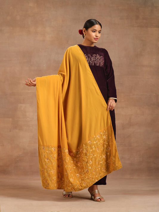 trueBrowns Mustard Velvet Embroidered Shawl - Grab2buy