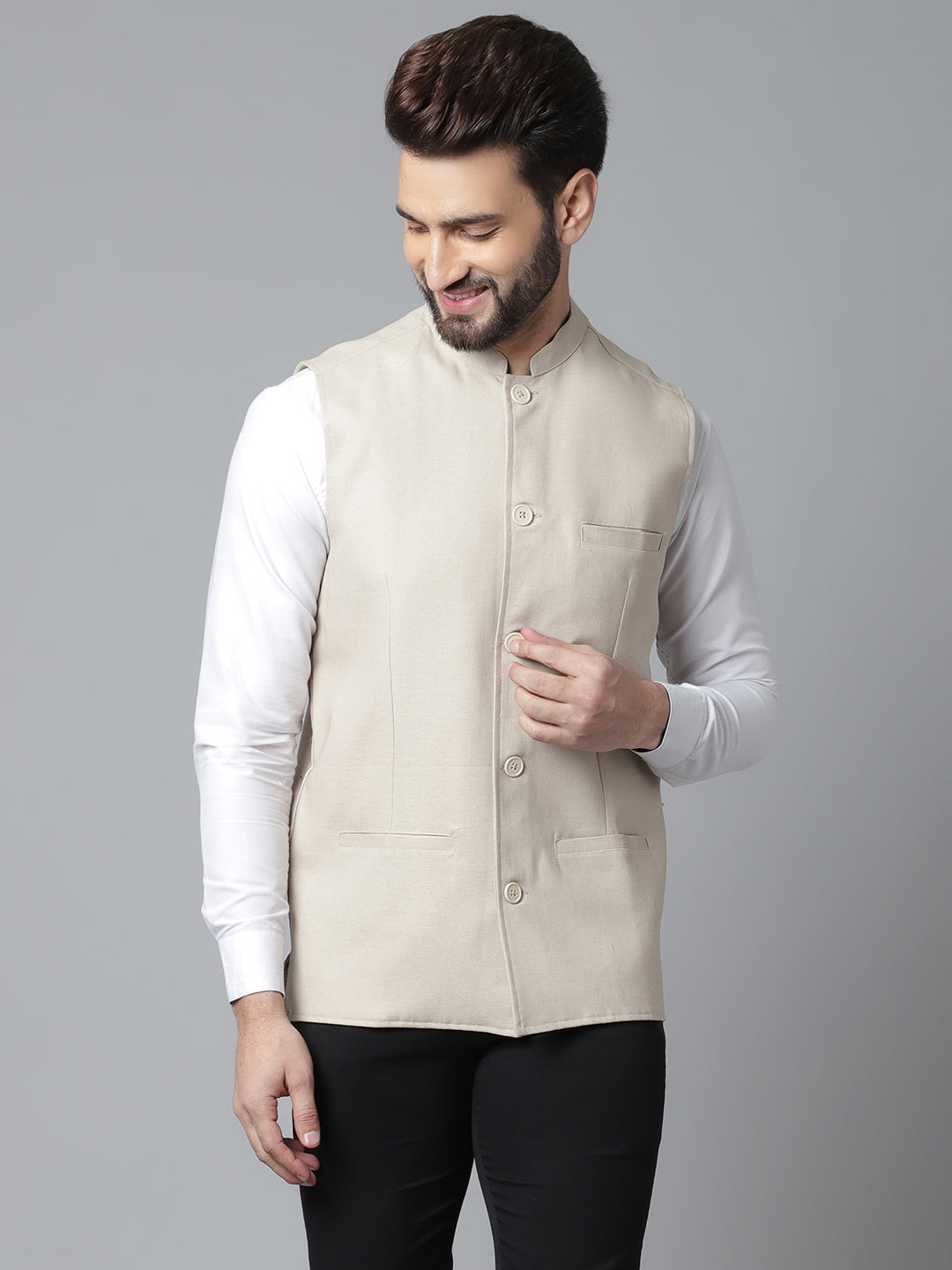 Even Apparels Men's Cream Nehru Jacket With Welt Pockets 