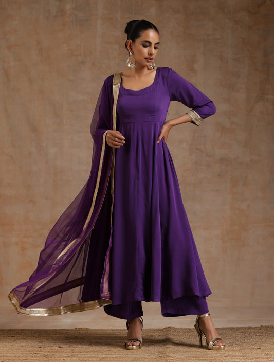trueBrowns Violet Modal Satin Anarkali Set 