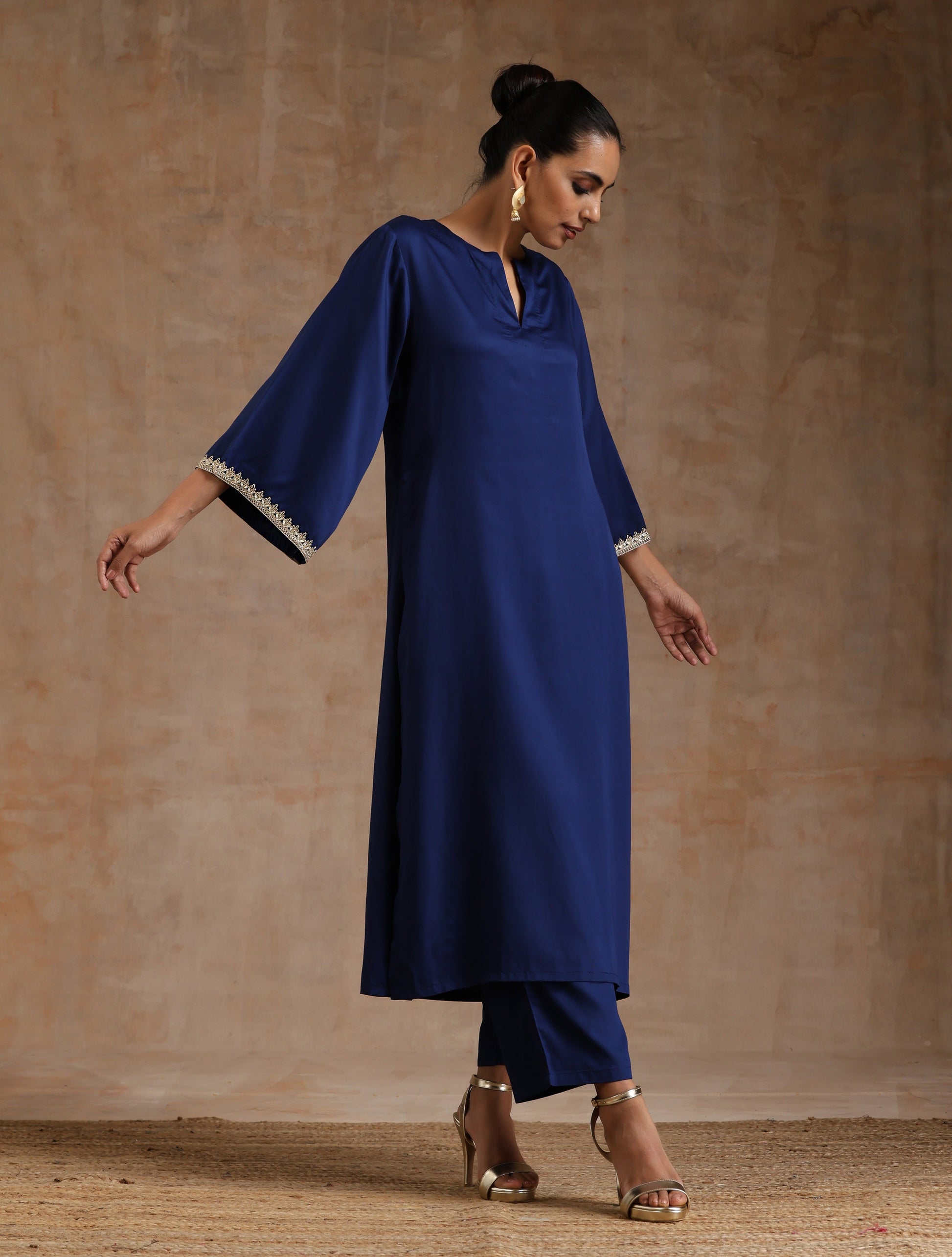 trueBrowns Midnight Blue Modal Satin Relax Kurta Set 
