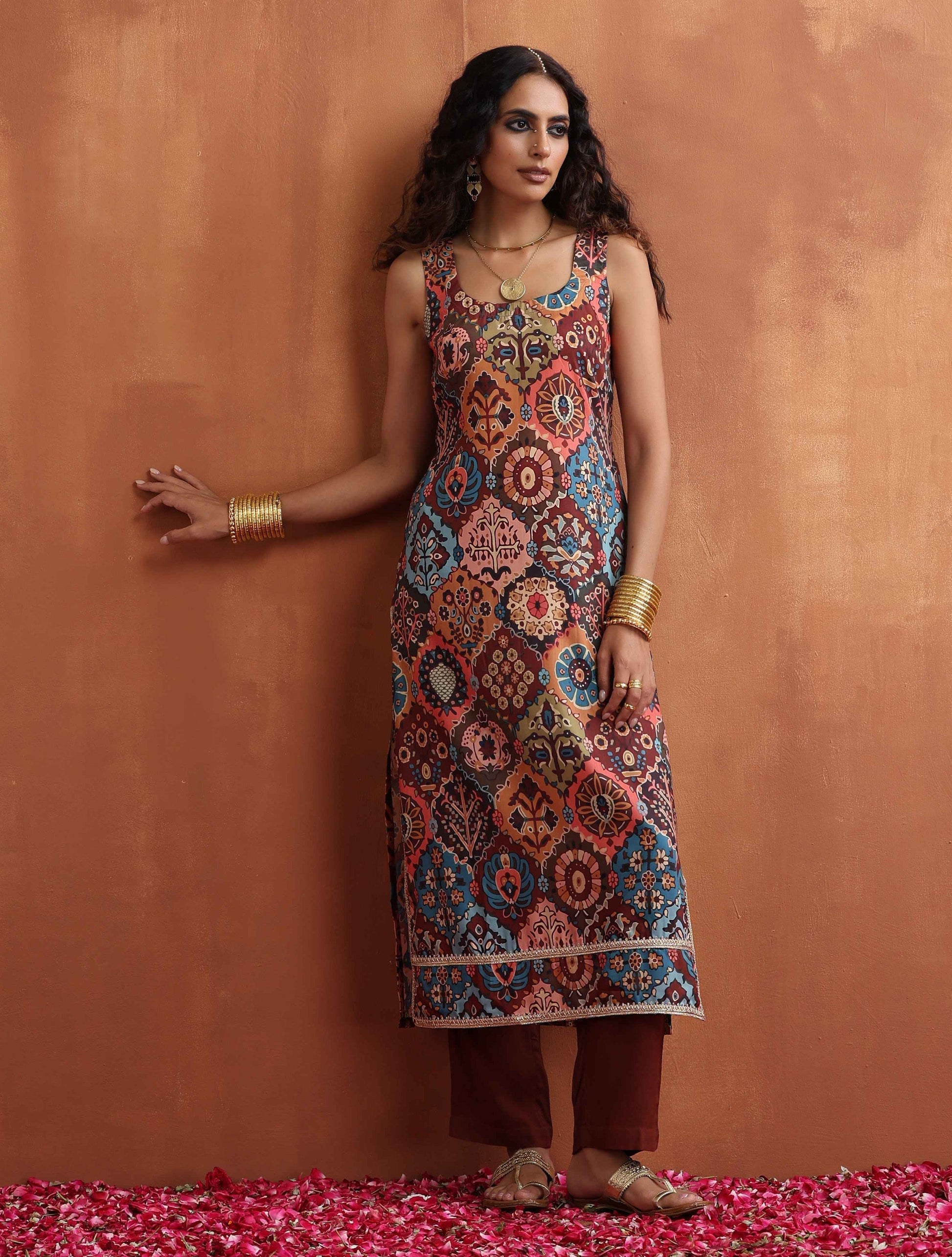 trueBrowns Cola Print Straight Kurta Set 