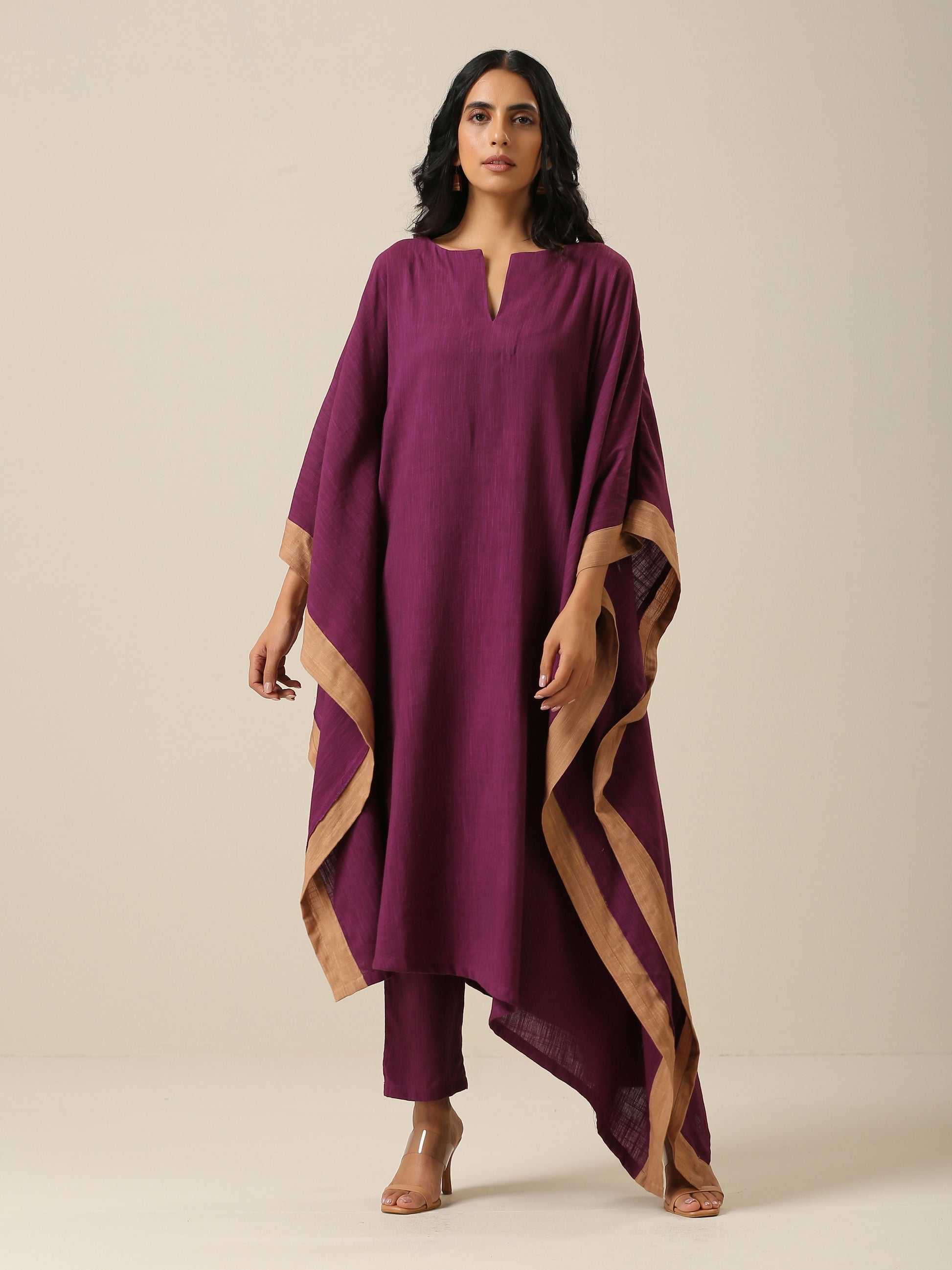 trueBrowns Plum Purple Slub Texture High Low Kaftan Pant Set 