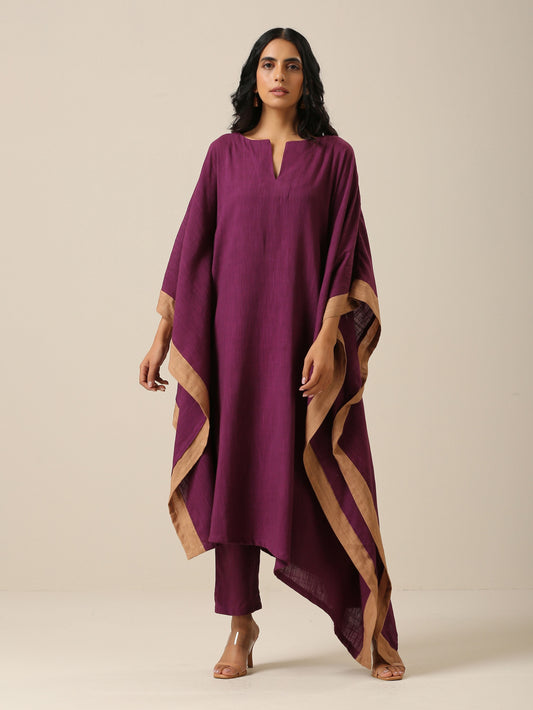 trueBrowns Plum Purple Slub Texture High Low Kaftan Pant Set 