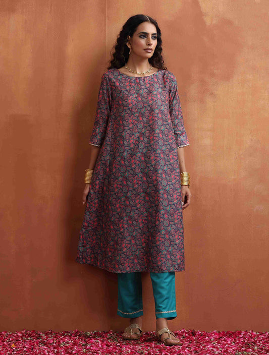 trueBrowns Purple Print A-line Kurta Set 