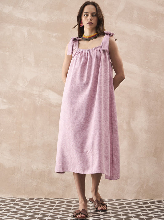 InWeave Dull Pink Linen Round Pleat Bow Dress 