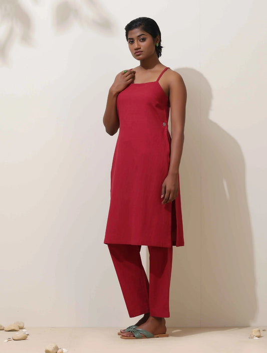 trueBrowns Maroon Cotton Linen Kurta Co-Ord Set