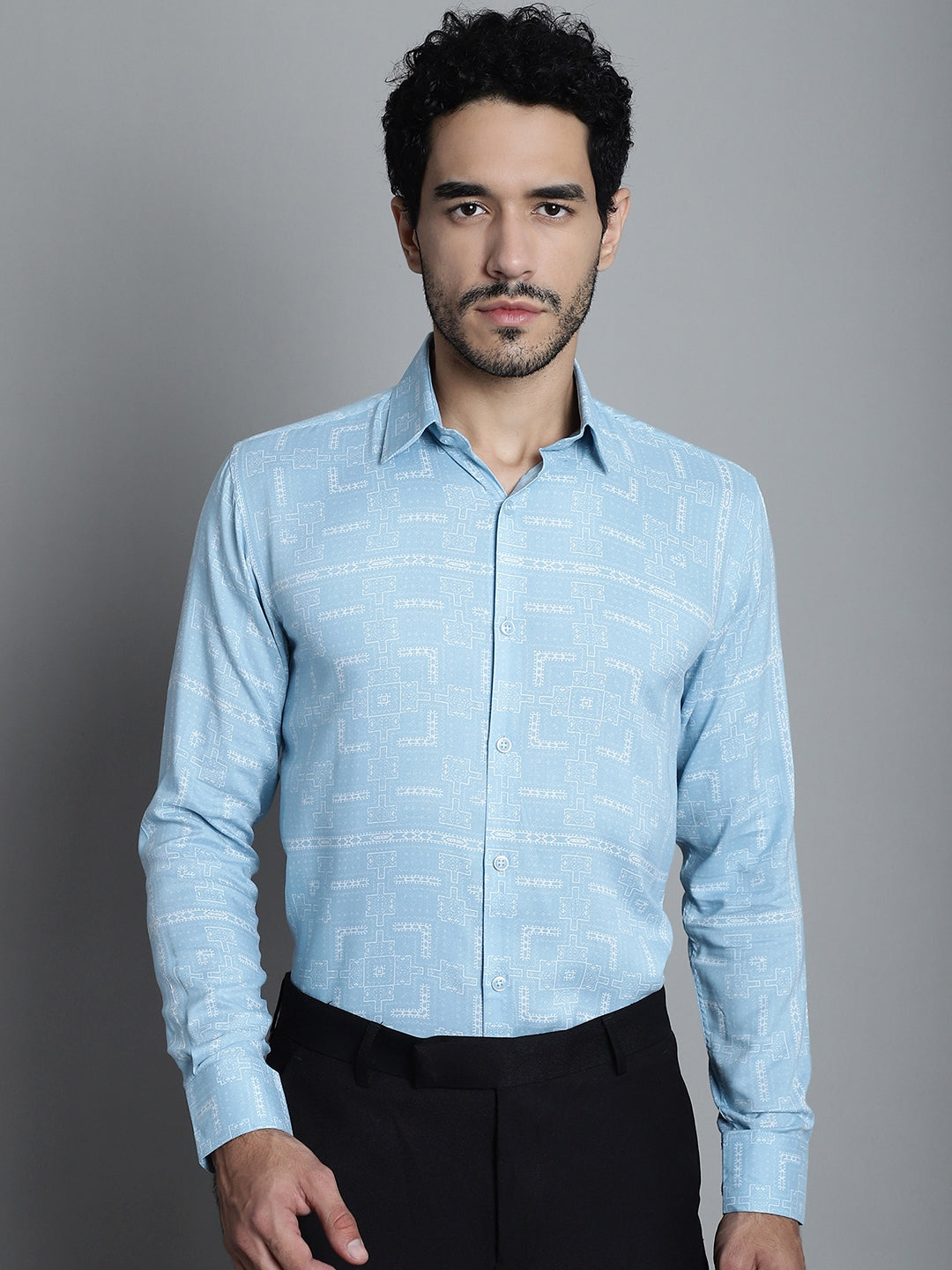 Jainish Men's Geomatric Printed Formal Shirts - Sky Blue
