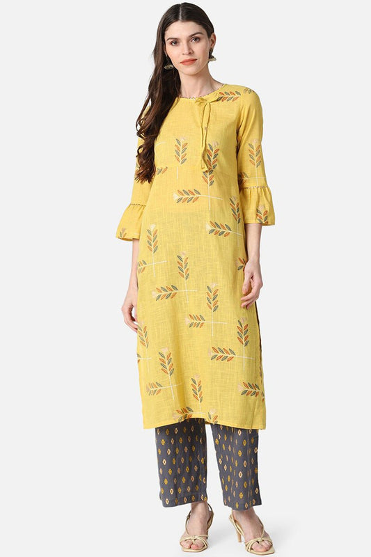 Ahika Yellow Cotton Ethnic Motifs Kurta Set