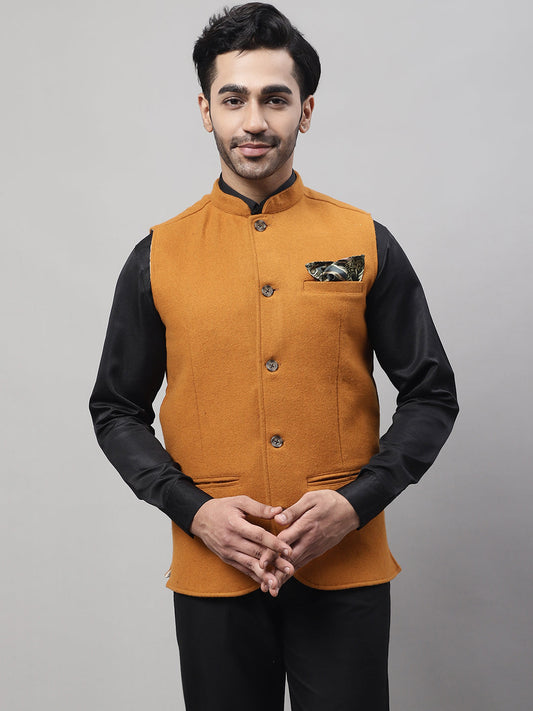 Even Apparels Men's Orange Pure Wool Nehru Jacket 
