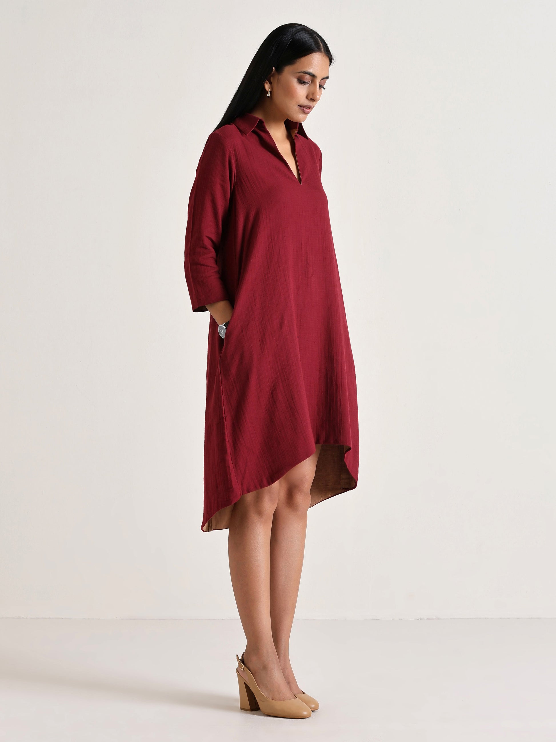 trueBrowns Maroon Short Collared Dress 