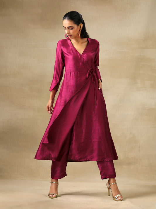 trueBrowns Purple Textured Silk Angrakha Kurta Pant Set 