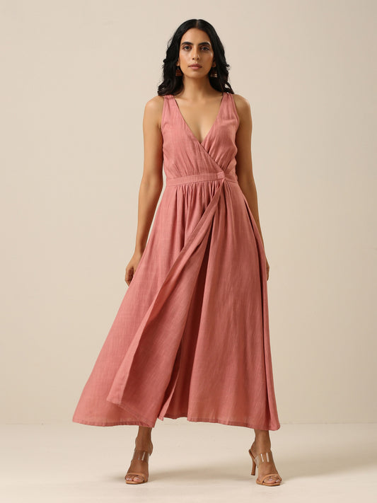 trueBrowns Light Mauve Slub Texture Sleeveless Wrap Dress 