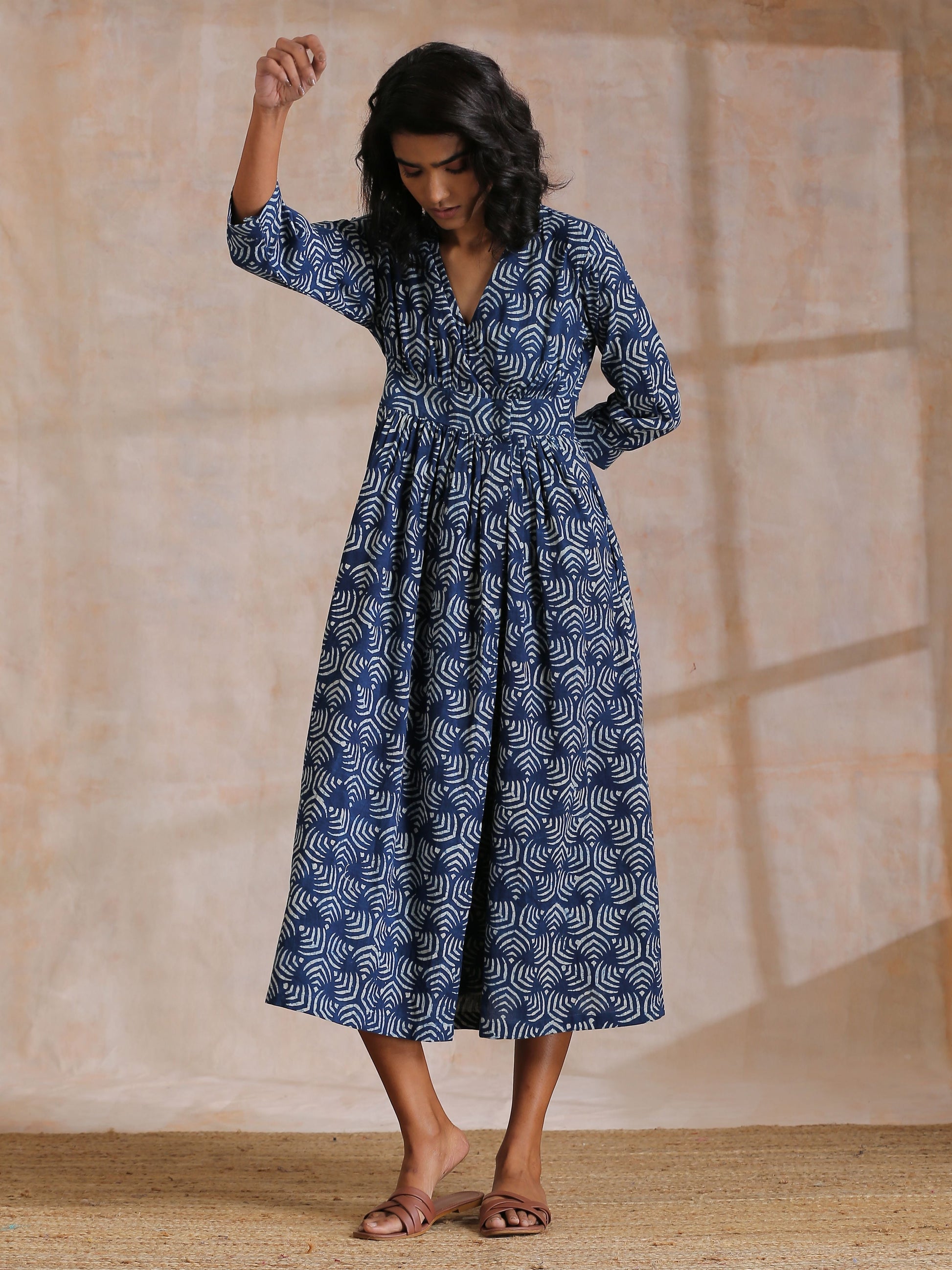 trueBrowns Indigo Dabu Overall Print Cotton Wrap Dress 