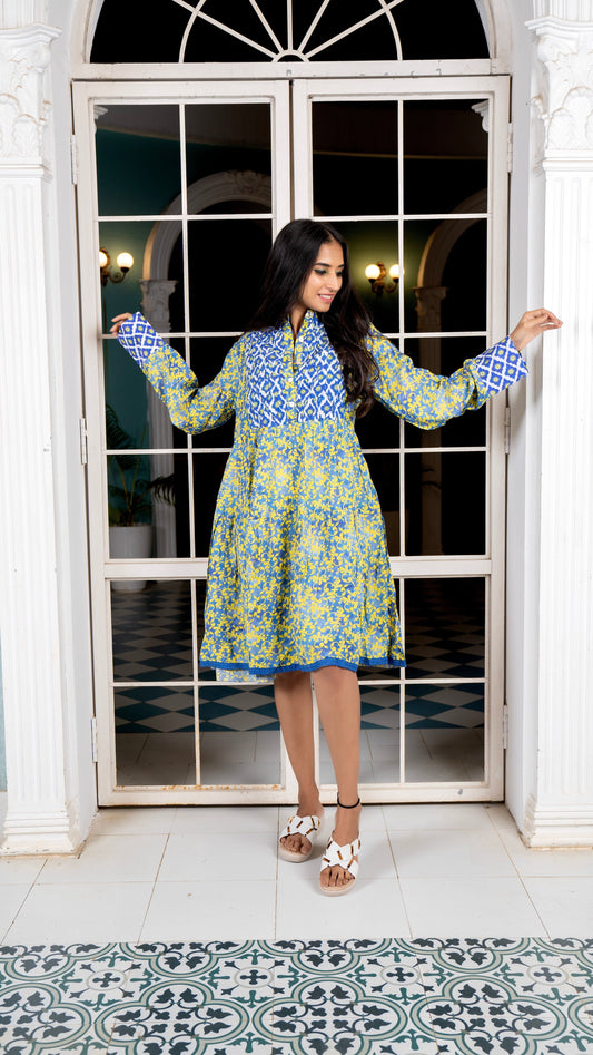 Noroke Sustainable fabric | Cupro Muslin Blue Pottery Tunic Dress | Swadesiicart