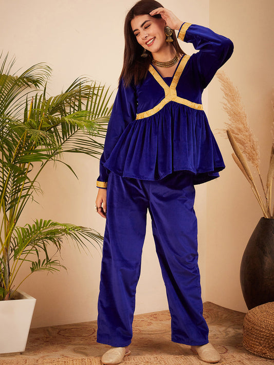 InWeave Women's Royal Blue Mughal Shaan Style Velvet Short Kurta Set 
