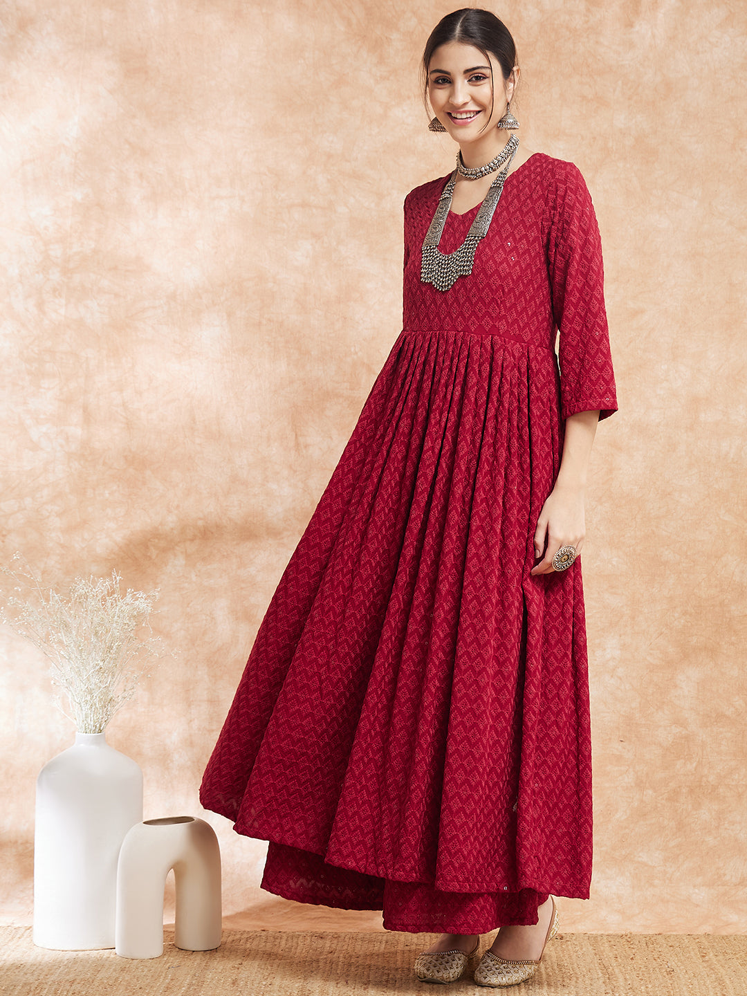 InWeave Women's Maroon Chikankari Long Anarkali Kurta Sharara Set 