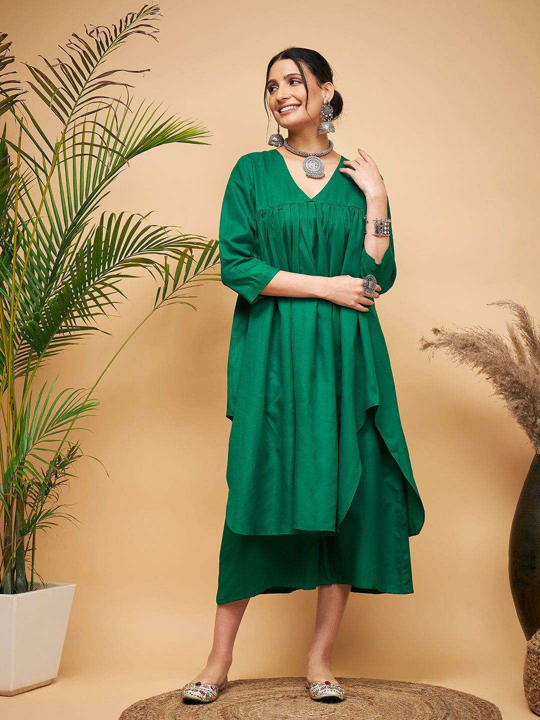 InWeave Women's Forest Green Flared Kurta Palazzo Set 