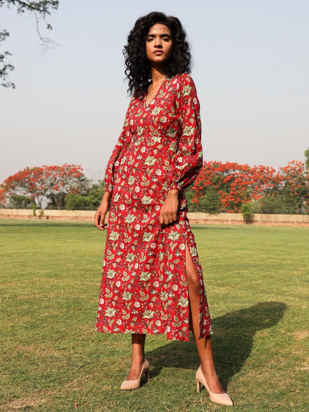 trueBrowns Red Cotton Block Print Backless Dress 