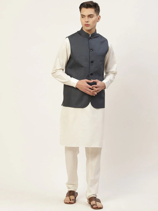 Jompers Men's Kurta Pyjama With Teal Blue Solid Nehru Jacket