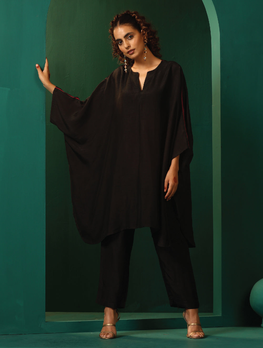 trueBrowns Black Silk Kaftan Pant Set 
