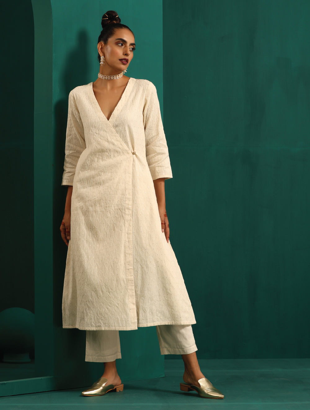 trueBrowns Ivory Tonal Cotton Angrakha Kurta Pant Set 