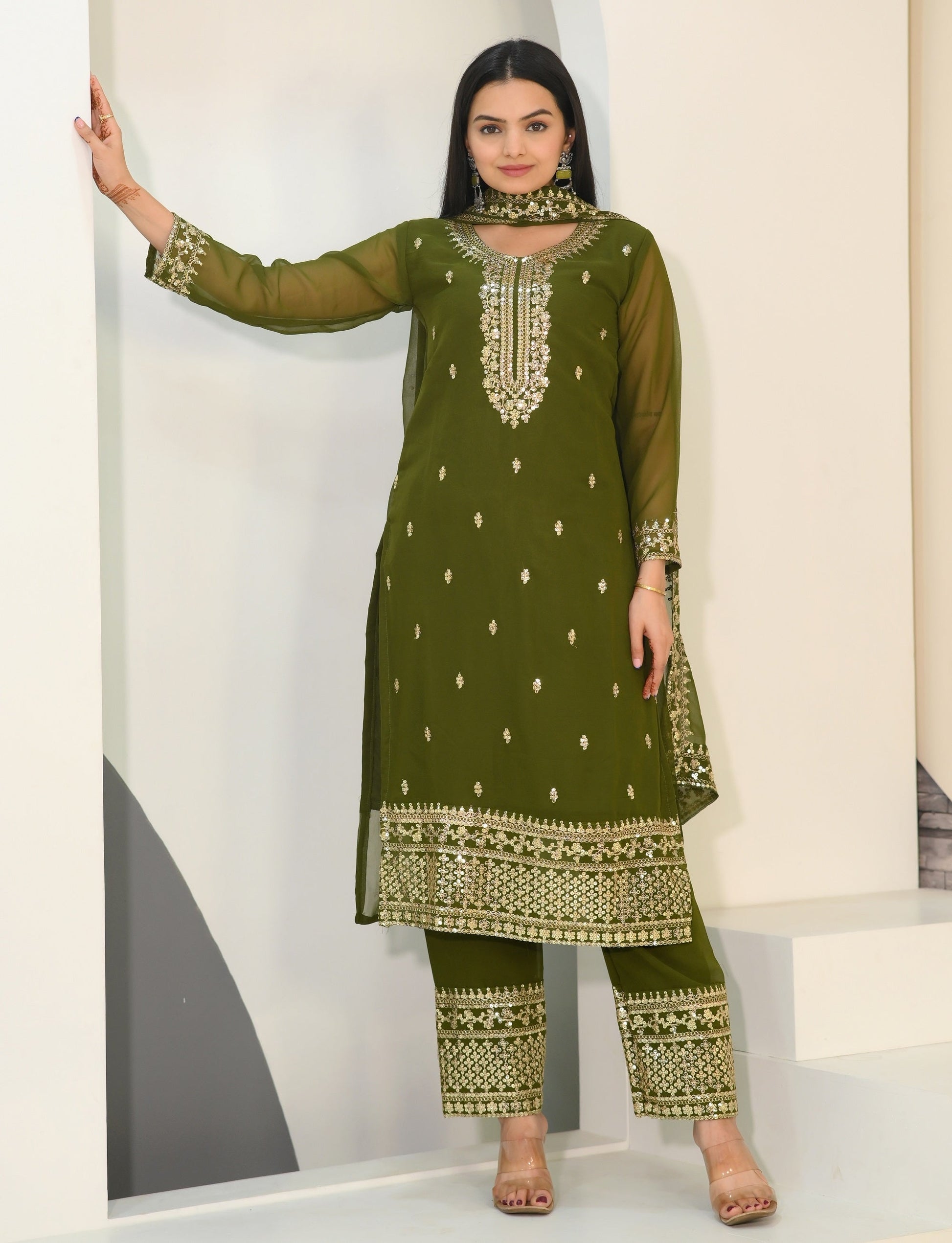 Teeya Creation Mehndi Color Faux Georgette Silk Heavy Embroidery Work Fully Stitched Salwar Suit