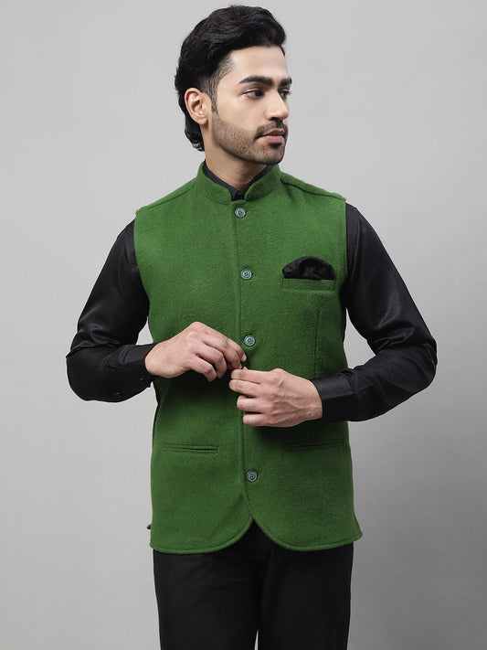 Even Apparels Men's Green Pure Wool Nehru Jacket 