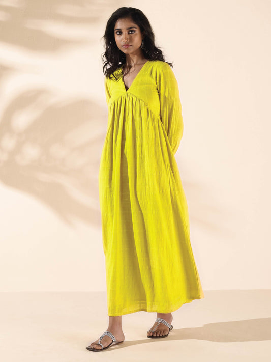 trueBrowns Lime Cotton Dobby Flared Dress 