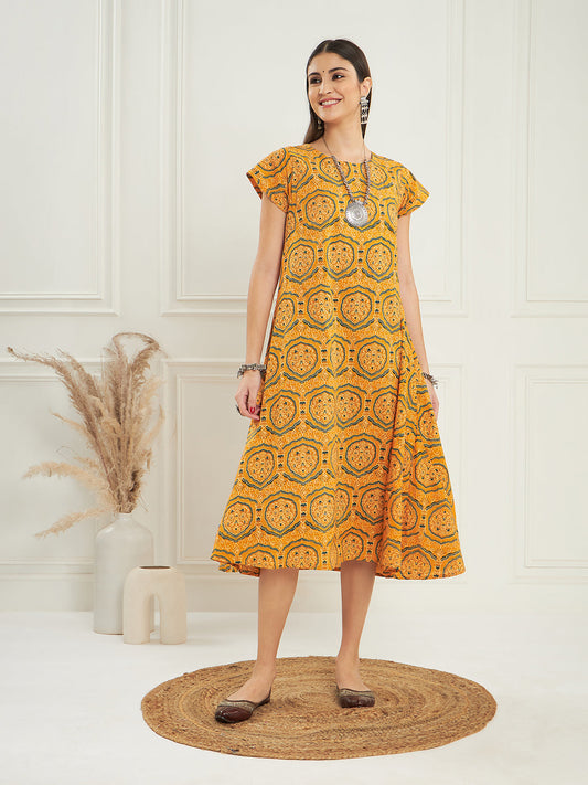 InWeave Women's Haldi Yellow Mughal Kalamkari A Line Dress 