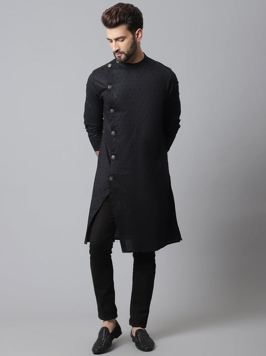 Even Apparels Black Pure Cotton Kurta With Band Collar 