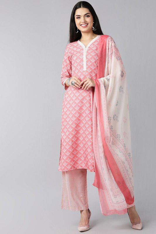 Ahika Peach Polyester Ethnic Motifs Straight Suit Set