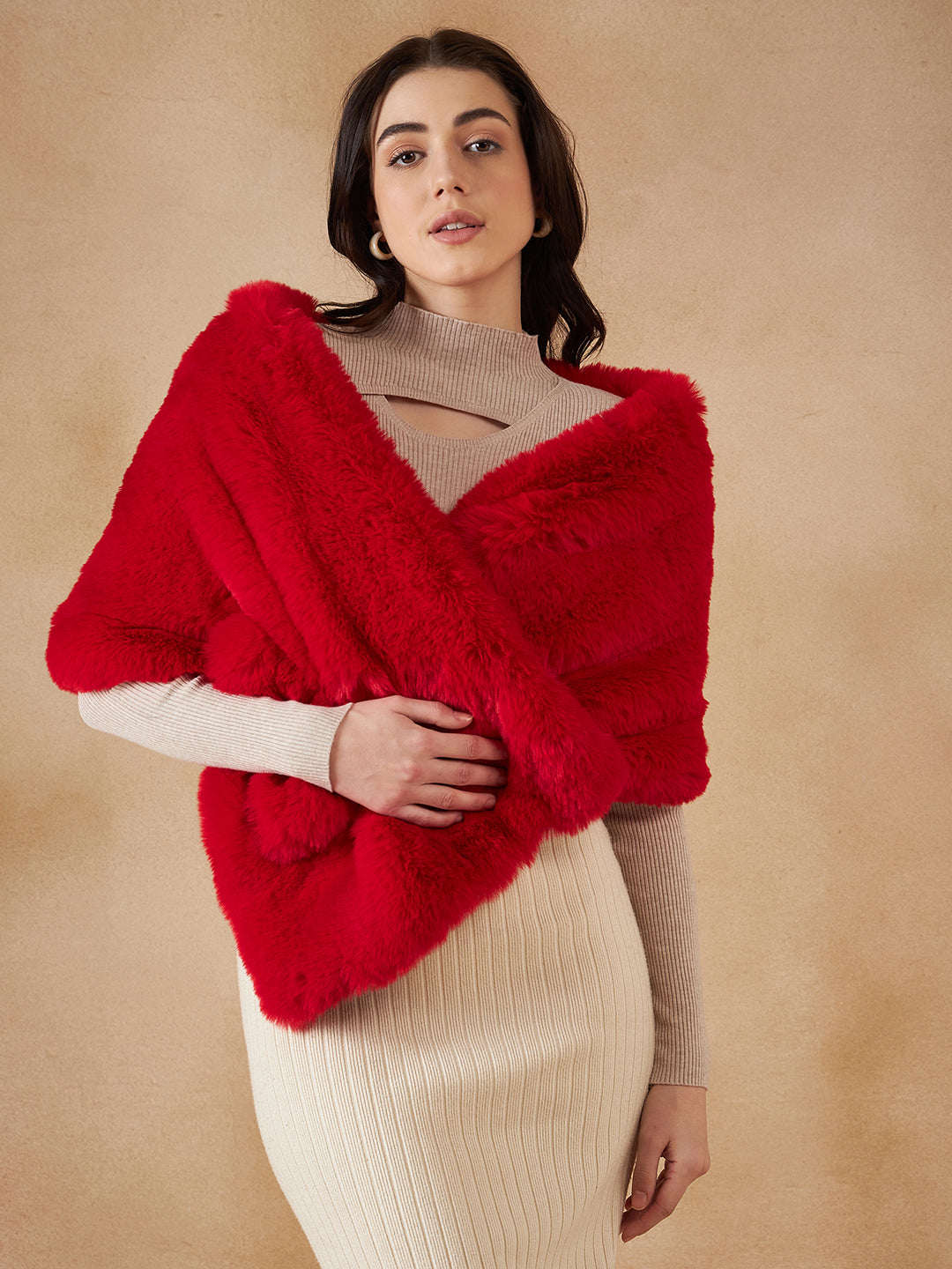 InWeave Women's Cherry Red Long Faux Fur Cape 