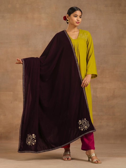 trueBrowns Wine Velvet Embroidered Shawl - Grab2buy
