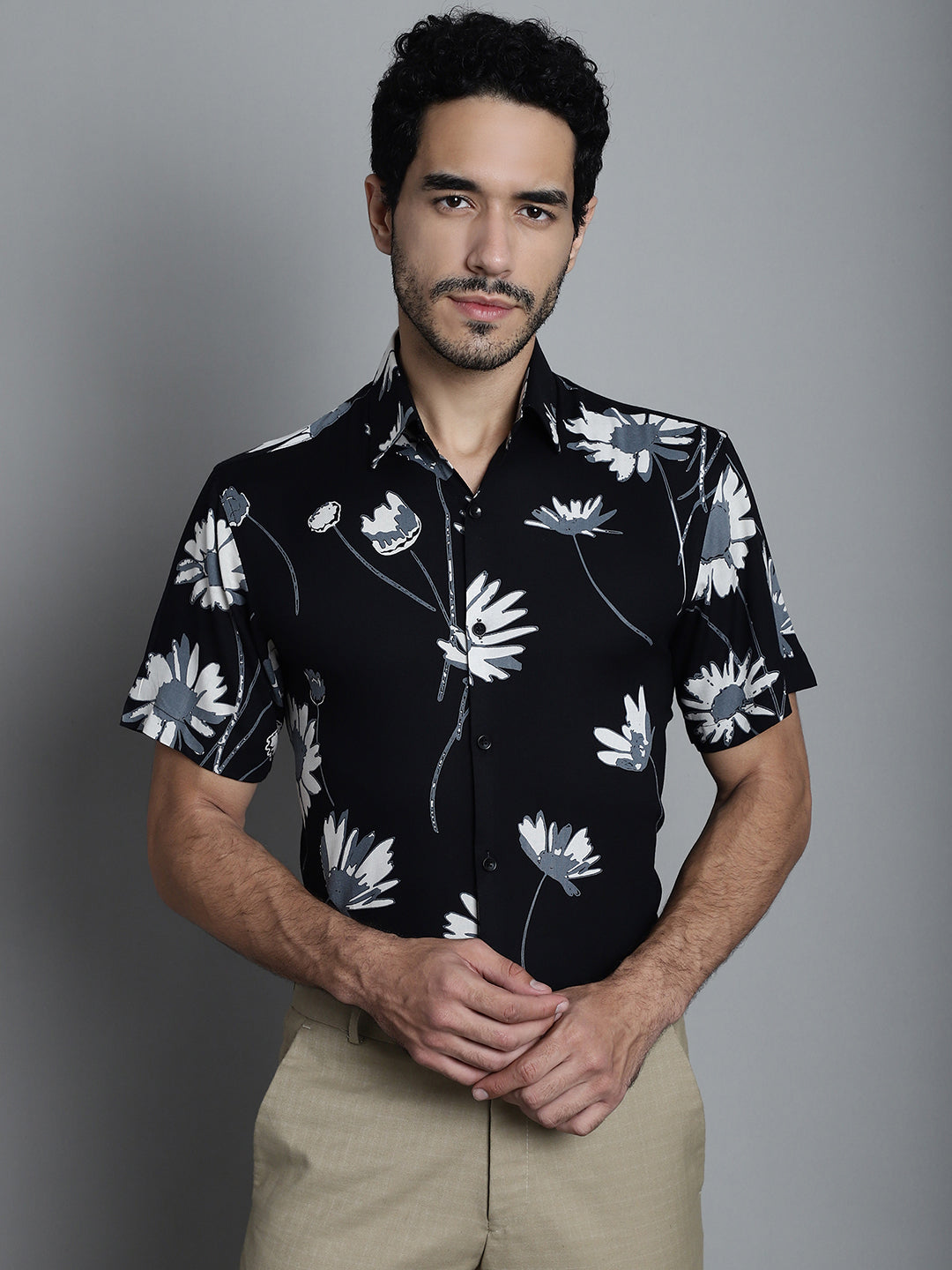 Jainish Men's Floral Printed Formal Shirts - Black
