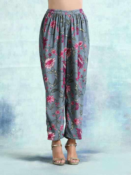 trueBrowns Grey Printed Velvet Pant | Swadesiicart