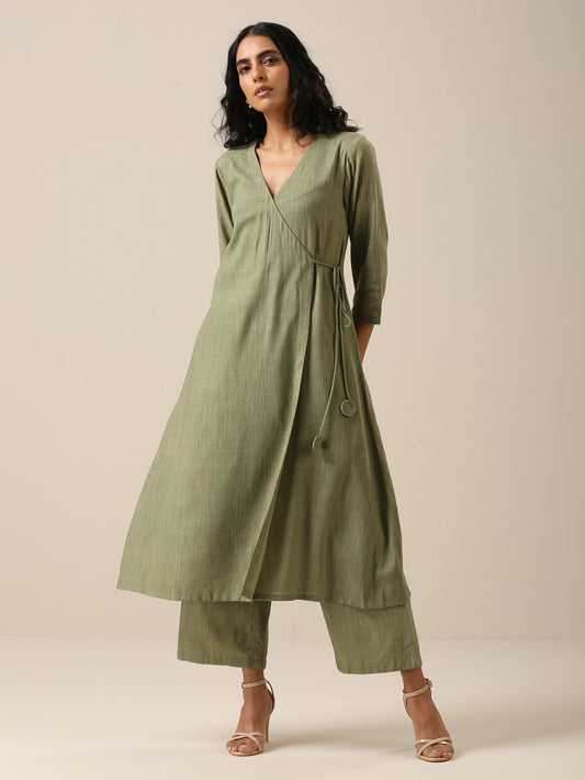 trueBrowns Sage Slub Texture Angrakha Pant Set 