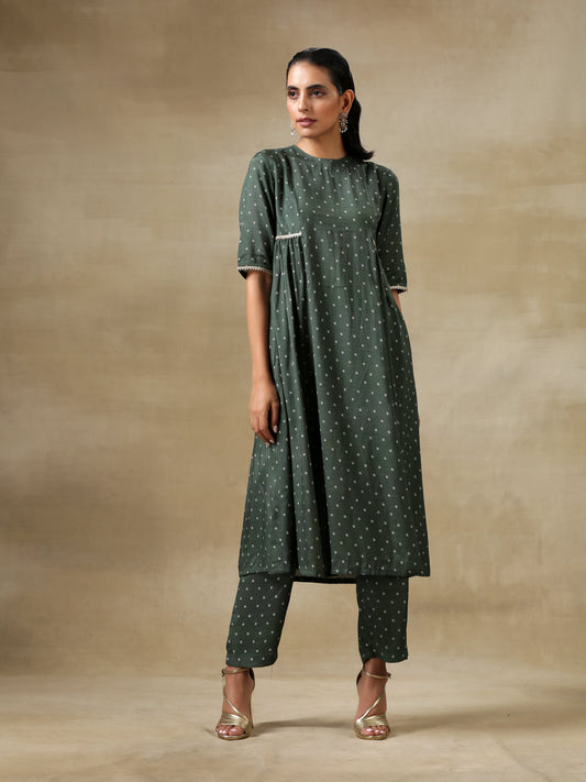trueBrowns Dark Green Bandhani Printed Silk Side Gathered Kurta Pant Set 