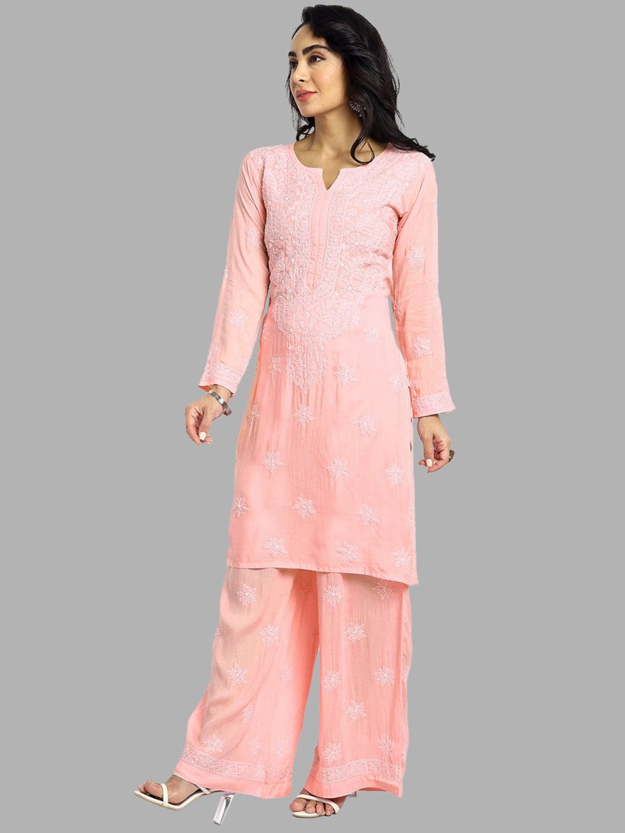 ADA Floral Embroidered Long Sleeves Regular Lucknowi Chikankari Kurta With Palazzos 