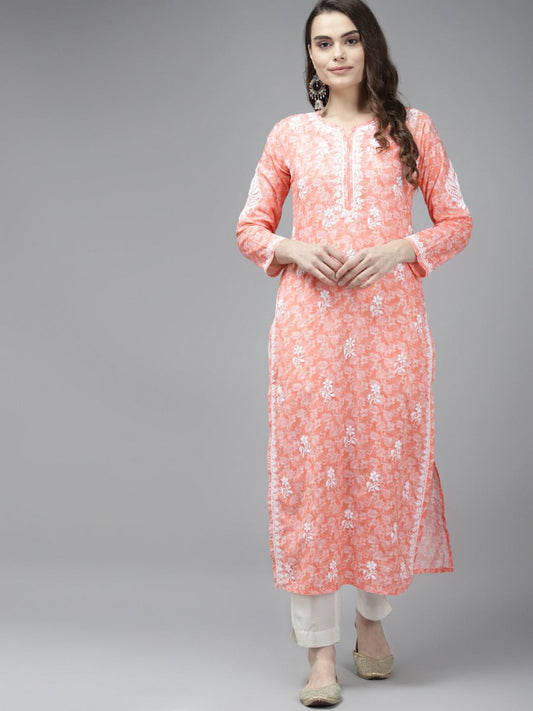 ADA Women Peach-Coloured & White Ethnic Motifs Chikankari Cotton Handloom Kurta 