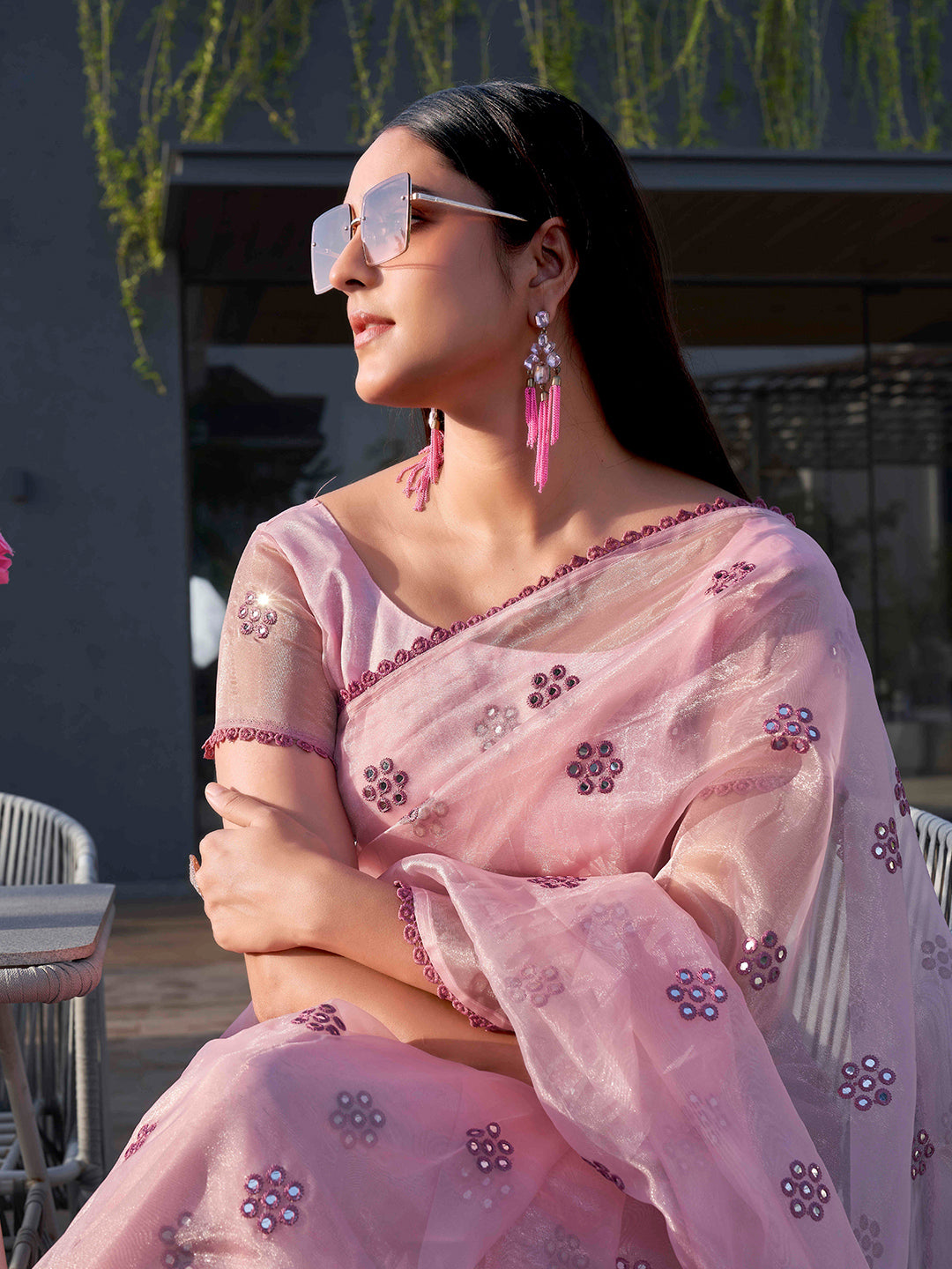 Tikhi Imli Floral Mirror Work Organza Grab2Buy 