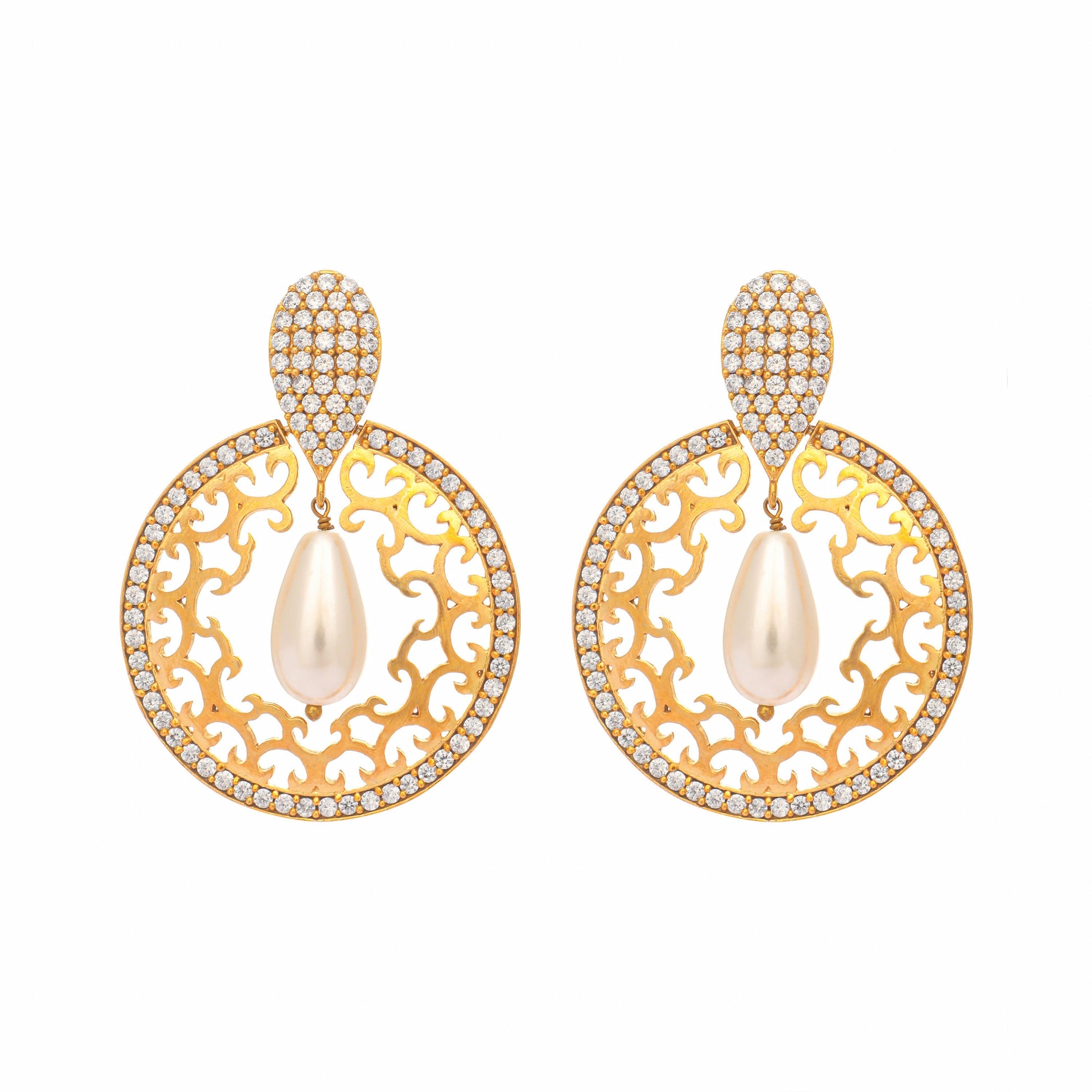 Nuyug 22K Gold Plated Cubic Zirconia Studded Contemporary Moon Shaped Pearl Drop Chandbalis | Swadesiicart
