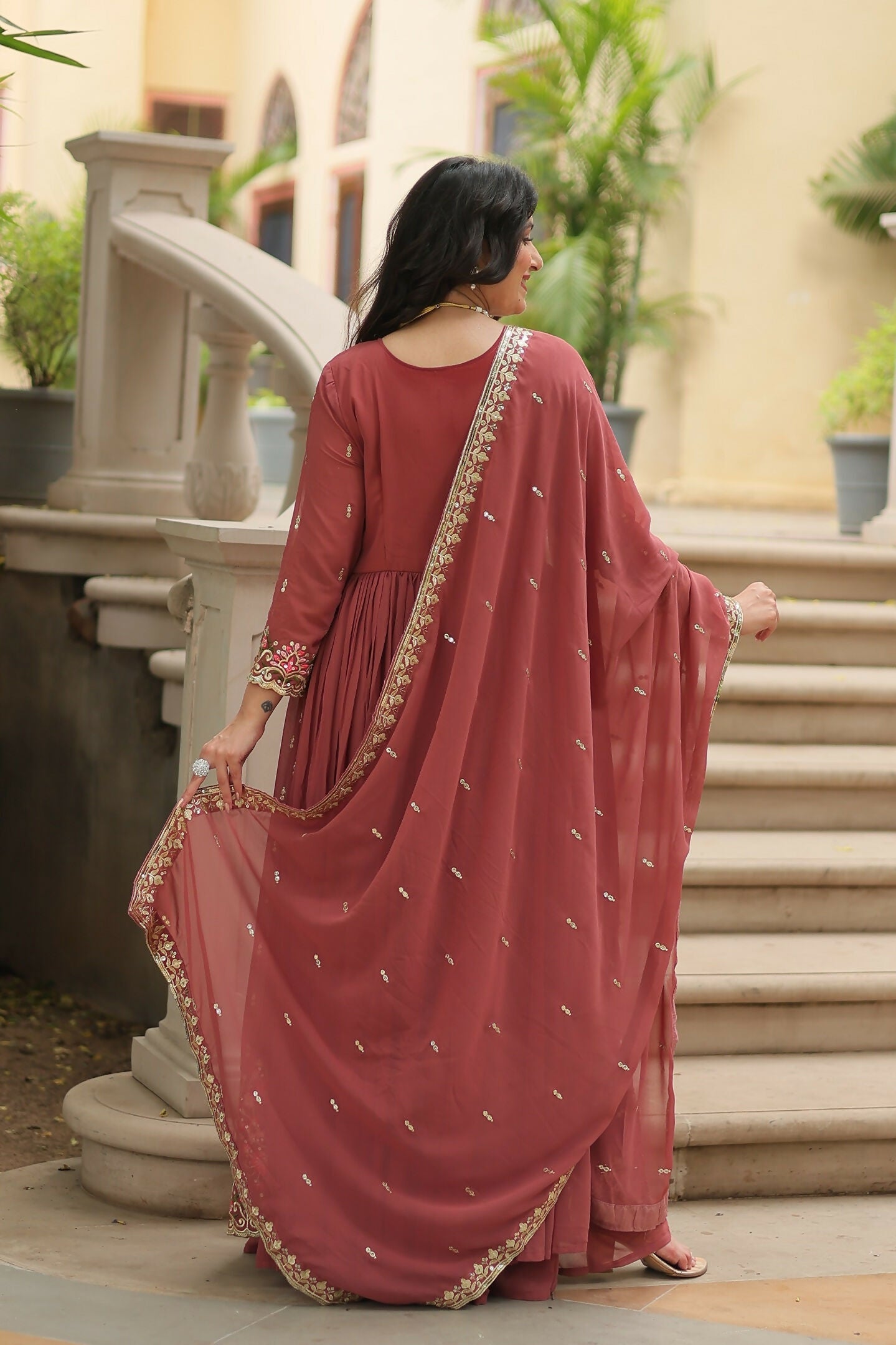 Joban Fashion Coffee Georgette Sequence Embroidery Work Kurta Set