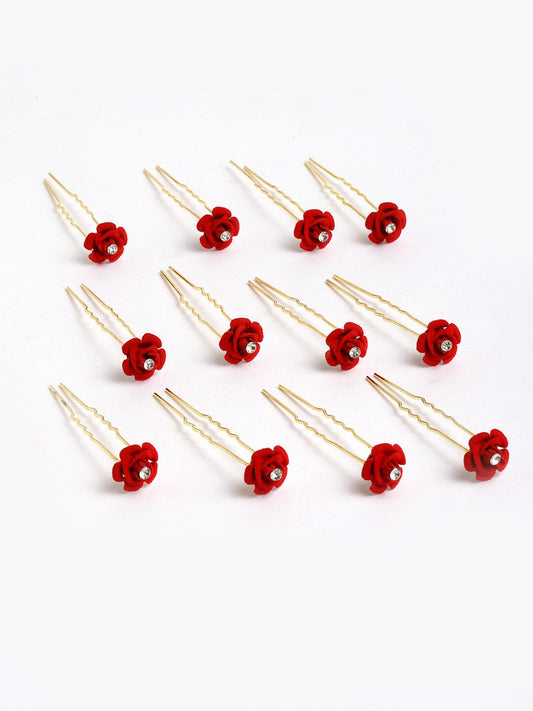 Panash Women Gold-Toned & Red Rose Embellished U Pins - Grab2buy