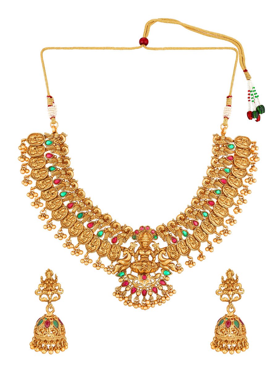 Aadita Gold-Toned Red & Green Stone-Studded Temple Jewelry Set - Grab2buy