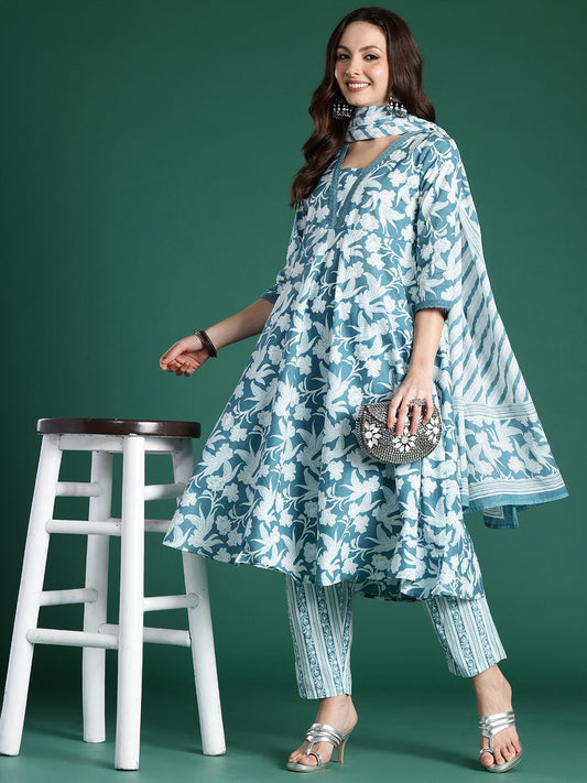 Indo Era Floral Printed Pure Cotton Kurta with Trousers & With Dupatta